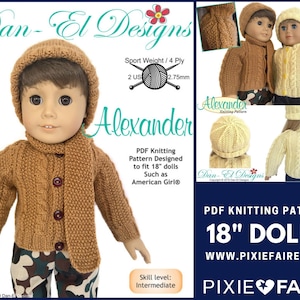 May include: A knitting pattern for an 18 inch doll sweater, hat, and scarf. The pattern is called "Alexander" and is designed by Dan-El Designs. The pattern is available on Pixie Faire.