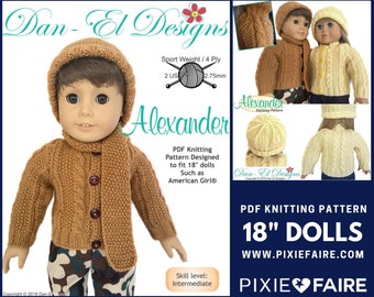 Alexander Sweater 18 inch Doll Clothes Knitting Pattern Fits Popular 18" Dolls - Dan-El Designs - PDF - Pixie Faire