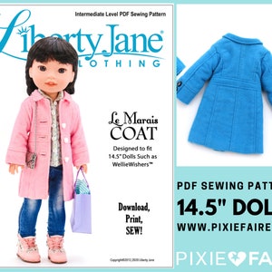 Puede incluir: Patrón de costura PDF para un abrigo de muñeca de 14,5 pulgadas. El patrón se llama "Le Marais Coat" y está diseñado para adaptarse a muñecas como WellieWishers. El patrón está disponible para descargar, imprimir y coser. La imagen muestra una muñeca con un abrigo rosa y un abrigo azul.