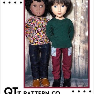 May include: A sewing pattern for skinny utility pants for 16-inch dolls. The pattern is for an intermediate sewing level and includes instructions for making the pants. The pattern is shown on two dolls, one wearing a floral print shirt and blue jeans, and the other wearing a green shirt and maroon pants. The pattern is titled "Skinny Utility Pants" and "QT PATTERN CO."