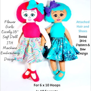 Può includere: Due bambole di stoffa da 45,7 cm con dettagli ricamati. La bambola a sinistra ha i capelli rosa, un vestito rosa e scarpe rosse. La bambola a destra ha i capelli blu, un vestito blu e scarpe blu. Entrambe le bambole hanno un fiocco nei capelli. Le bambole sono per cerchi da 15,2 x 25,4 cm e sono disponibili in 18 formati. Il livello di abilità è principiante sicuro. Il testo "FROG Pond Toys" è nella parte superiore dell'immagine. Il testo "Sold exclusively @Pixiefaire.com" è sotto il titolo. Il testo "Attached Hair and Shoes" è a destra dell'immagine. Il testo "Bonus Skirt Pattern & Bow Design" è sotto il testo "Attached Hair and Shoes".