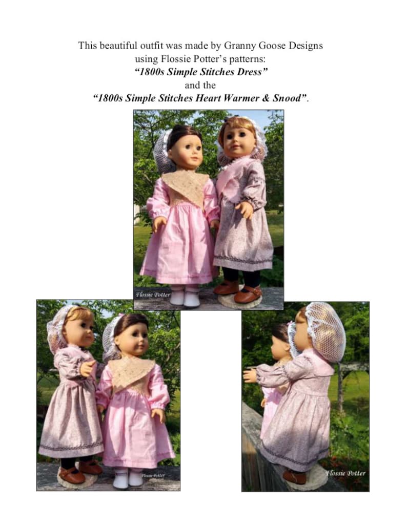 May include: Two dolls wearing pink and brown dresses with white bonnets. The dolls are standing on a wooden surface. The image includes the text "Flossie Potter" on the bottom of the image.