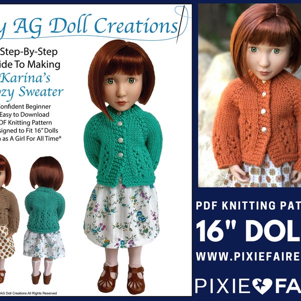 Karina's Cozy Sweater 16 inch Doll Clothes Knitting Pattern Fits Dolls Such as A Girl For All Time® - My AG Doll Creations -PDF- Pixie Faire