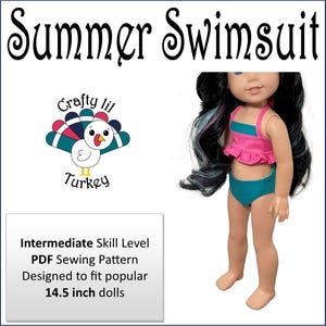 May include: A PDF sewing pattern for a swimsuit designed for 14.5 inch dolls. The pattern is for an intermediate skill level and features a pink and teal swimsuit.
