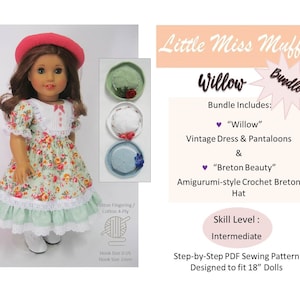 Pode incluir: Um padrão de costura para um vestido e calças de estilo vintage para uma boneca de 46 cm, chamado "Willow", e um chapéu bretão de crochê chamado "Breton Beauty". O padrão é projetado para um nível de habilidade intermediário.
