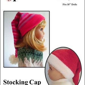 May include: A PDF sewing pattern for a stocking cap for 18-inch dolls. The pattern includes two different styles: a pink and white striped stocking cap and a red stocking cap with a white trim. The pattern is labeled "EASY" and is from Flossie Potter Patterns.