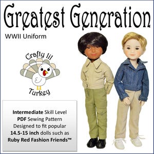 May include: PDF sewing pattern for a WWII uniform for 14.5-15 inch dolls. The pattern is designed to fit popular dolls such as Ruby Red Fashion Friends. The image shows two dolls wearing the completed uniform.