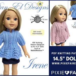 Op de afbeelding: PDF breipatroon voor een 14,5 inch poppentrui. Het patroon heet "Irene" en is ontworpen voor poppen zoals WellieWishers. Het patroon wordt getoond met een blauwe trui en een roze trui. Het patroon is beschikbaar op de website www.pixiefaire.com.