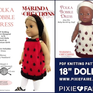 May include: A PDF knitting pattern for 18-inch dolls, including American Girl dolls, featuring a polka bobble dress and headband. The dress is red with black bobbles and trim. The pattern includes a dress and a headband.