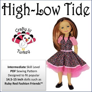 Puede incluir: Un patrón de costura PDF para un vestido de muñeca alto-bajo. El patrón está diseñado para muñecas de 14,5-15 pulgadas, como Ruby Red Fashion Friends. El patrón está ilustrado con una muñeca que lleva el vestido terminado, que es rosa y negro con un estampado floral.