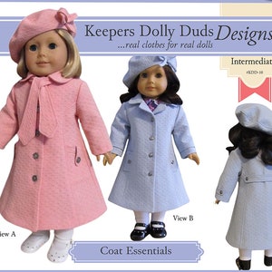 May include: A sewing pattern for a doll coat, with three different views of the coat. The pattern is for an intermediate skill level and is called "Coat Essentials".