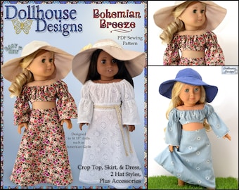 Bohemian Breeze Top, Skirt, Hat 18 inch Doll Clothes Pattern Fits Dolls such as American Girl® - Dollhouse Designs - PDF - Pixie Faire