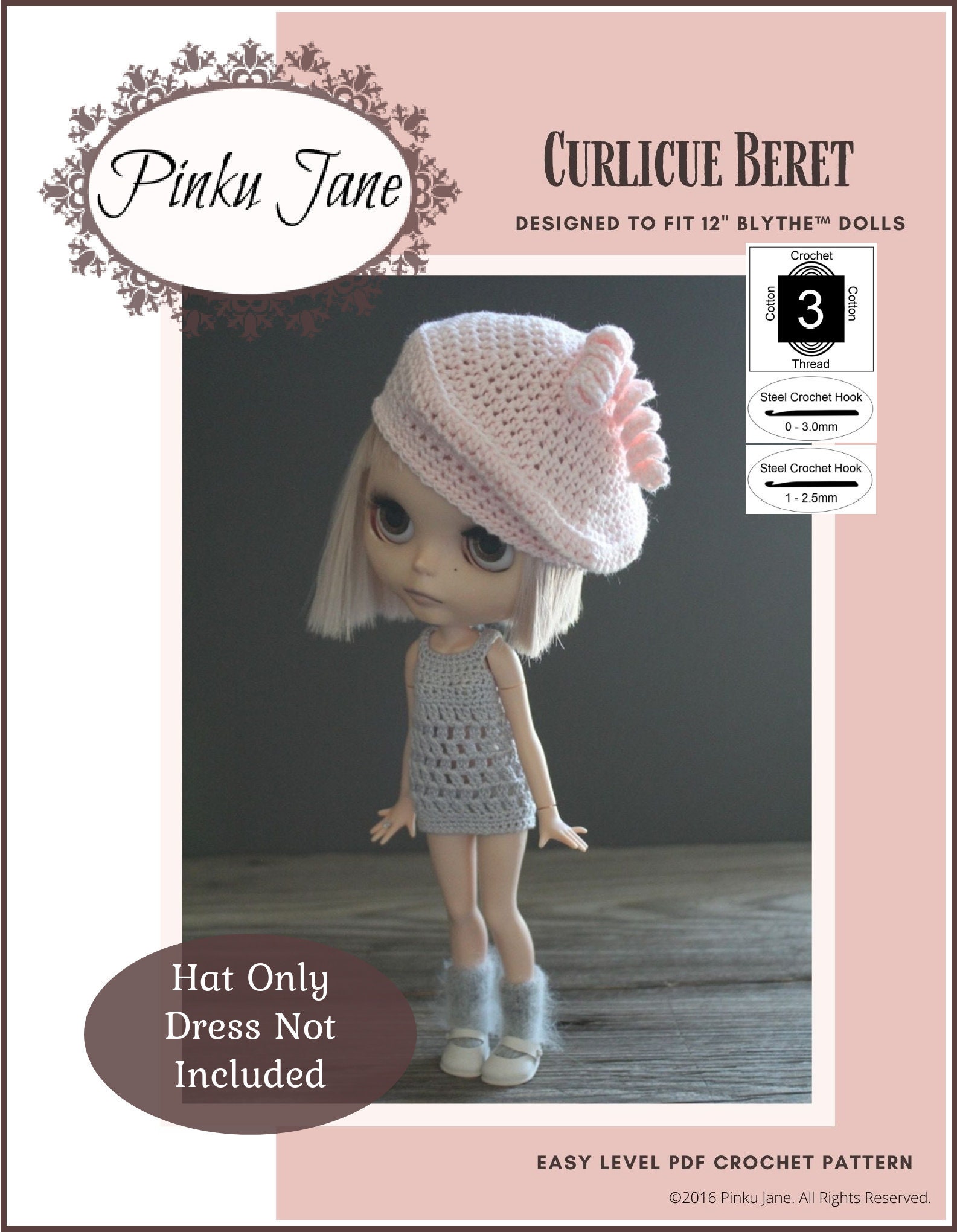 Curlicue Beret 12 inch Doll Clothes Crochet Pattern Fits 12 Blythe™ Dolls  - Pinku Jane - PDF - Pixie Faire