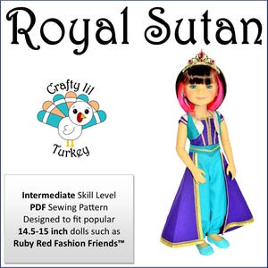 Puede incluir: Patrón de costura PDF para un disfraz de sultán real para muñecas de 37-38 cm, como las Ruby Red Fashion Friends. El patrón incluye un atuendo morado y turquesa con ribetes dorados y una corona.