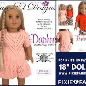 May include: PDF knitting pattern for 18 inch dolls, featuring a pink knitted top and skirt with a lace design. The pattern is called "Daphne" and is designed by Dan El Designs. The pattern is for an intermediate skill level and uses sport weight yarn.