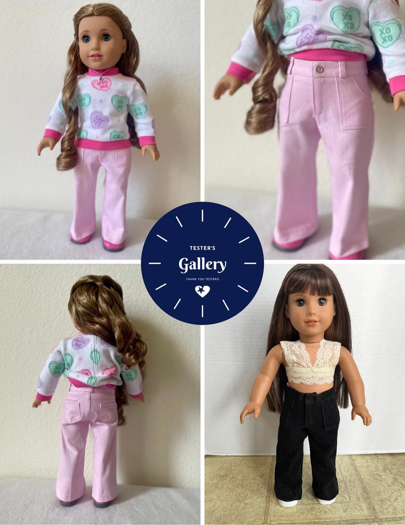 May include: Two dolls wearing different outfits. The doll on the left is wearing a pink and white sweater with a heart pattern and pink pants. The doll on the right is wearing a white lace top and black pants.