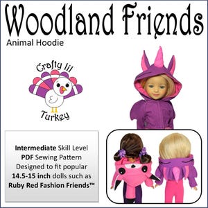 May include: PDF sewing pattern for a woodland animal hoodie for 14.5-15 inch dolls. The pattern includes a turkey, unicorn, and dragon hoodie. The pattern is designed for intermediate skill level.