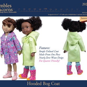 Może przedstawiać: Wzór szycia na płaszcz z kapturem dla lalek o wysokości 14,5-15 cali. Wzór nosi nazwę "Hooded Bog Coat" i został zaprojektowany tak, aby był prosty, bez podszewki i wykonany z jednego kawałka. Wzór jest również prawie bez odpadów i kompatybilny z ćwiartkami tkaniny.