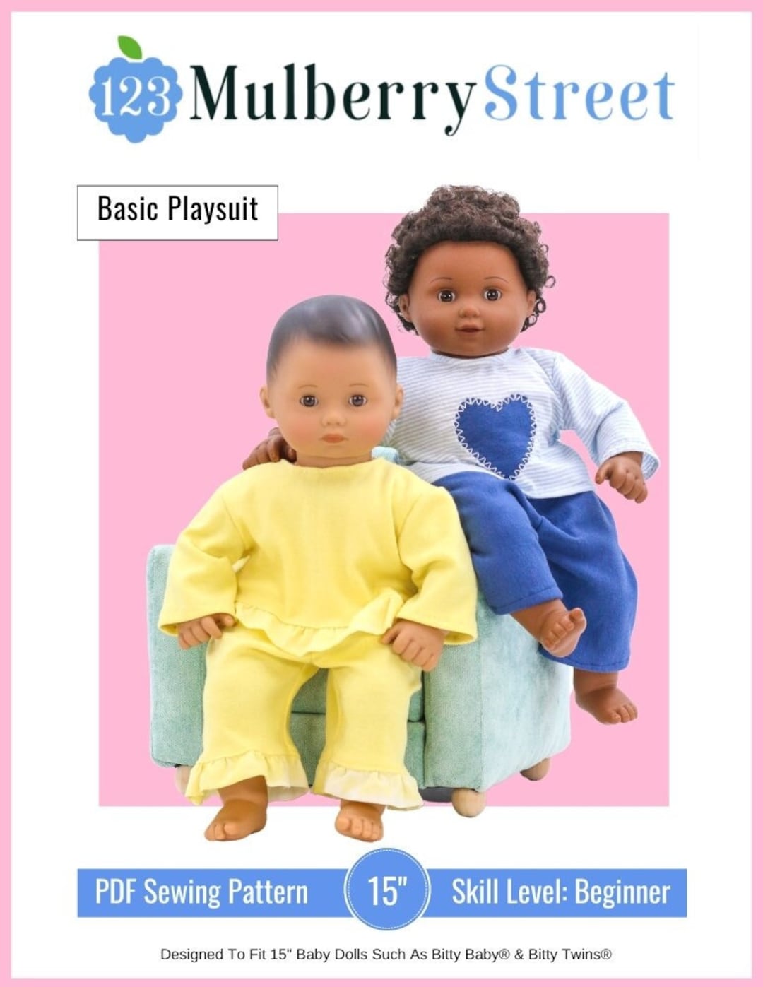 Basic Playsuit 15 Inch Doll Clothes Pattern Fits Baby Dolls Such as Bitty Baby or Bitty Twins 123 Mulberry Street PDF Pixie Faire Etsy