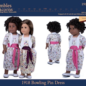 Pode incluir: Um padrão de costura PDF para um vestido Bowling Pin de 1918, projetado para bonecas de 46 cm. O padrão é rotulado como "Intermediário" e inclui uma imagem colorida de duas bonecas vestindo o vestido.