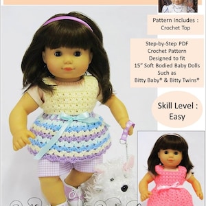 May include: A crochet pattern for a doll top designed to fit 15 inch soft bodied baby dolls. The pattern includes a step-by-step PDF guide and is labeled as easy skill level. The pattern is called "Little Miss Muffett" and is by "Whispering Winds".