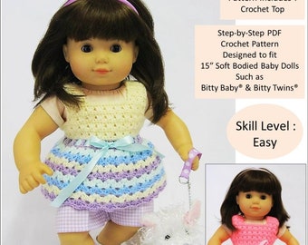 Whispering Winds 15 inch Doll Clothes Crochet Pattern Fits Dolls such as Bitty Baby®, Bitty Twins® - Little Miss Muffett -PDF- Pixie Faire