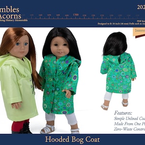 May include: A sewing pattern for a hooded coat for 18-inch dolls. The pattern is called "Hooded Bog Coat" and is designed to be simple and unlined, made from one piece with zero-waste construction. The pattern is for an intermediate skill level.