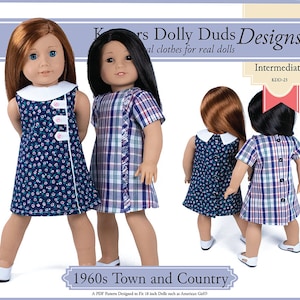 May include: A PDF pattern for making 1960s-style dresses for 18-inch dolls. The pattern is called "1960s Town and Country" and is designed for dolls such as American Girl. The pattern is labelled as "Intermediate" and has the code KDD-23.