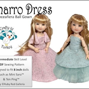 May include: PDF sewing pattern for a Charro dress, a Quinceañera ball gown for 8 inch dolls such as Mini Sara and Ten Ping. The pattern is designed for an intermediate skill level. The image shows two dolls wearing the dress in pink and blue.
