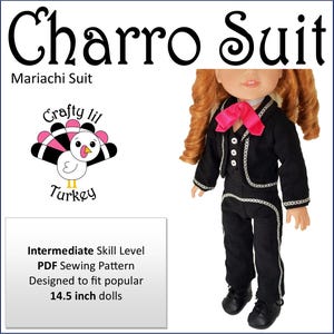 Puede incluir: Un patrón de costura PDF para un traje de charro, un atuendo tradicional mexicano, para muñecas de 36,8 cm. El patrón está diseñado para niveles de habilidad intermedios y presenta un traje negro con ribetes plateados y una corbata de lazo rosa.
