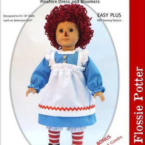 May include: Raggedy Ann doll costume sewing pattern for 18 inch dolls. The pattern includes a pinafore dress, bloomers, shoe and sock combo, and wig instructions. Easy Plus PDF sewing pattern.