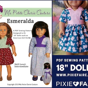 Könnte beinhalten: PDF-Schnittmuster für 45,7 cm Puppen, genannt Esmeralda, mit zwei Puppen, die verschiedene Kleider tragen. Das Schnittmuster ist für Puppen wie American Girl Puppen konzipiert. Das Schnittmuster ist als mittelschwerer Schwierigkeitsgrad gekennzeichnet. Der Text "Ma Petite Cherie Couture" und "Pixie Faire" ist ebenfalls auf dem Bild zu sehen.