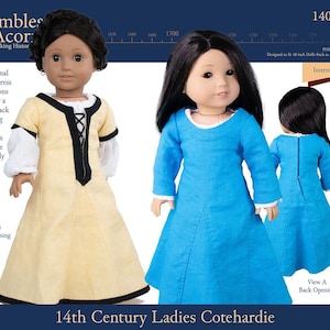 May include: A sewing pattern for a 14th century ladies cotehardie dress for 18-inch dolls. The pattern includes two views: one with a front opening and one with a back opening. The pattern is labeled as intermediate difficulty.