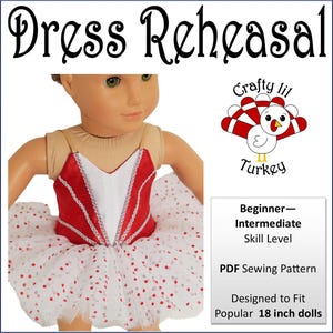 May include: PDF sewing pattern for a dress rehearsal costume for 18 inch dolls. The pattern includes instructions for a red and white dress with a tulle skirt and a turkey design. The pattern is labelled "Crafty lil Turkey" and is for beginner to intermediate skill levels.