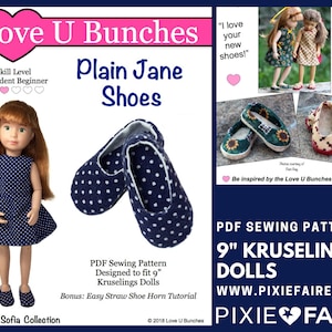 May include: A PDF sewing pattern for making 9-inch doll shoes. The pattern is designed for Kruselings dolls and includes a bonus tutorial for making straw shoe horns. The pattern features a pair of blue and white polka dot shoes.