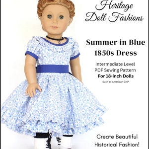 Summer in Blue 1850s Dress 18 inch Doll Clothes Pattern Fits Popular 18" Dolls - Heritage Doll Fashions - PDF - Pixie Faire