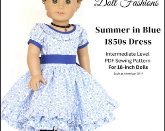 Summer in Blue 1850s Dress 18 inch Doll Clothes Pattern Fits Dolls such as American Girl® - Heritage Doll Fashions - PDF - Pixie Faire