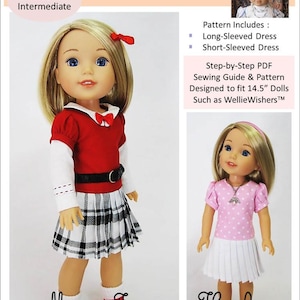 May include: A sewing pattern for a doll dress, featuring a red and white checked skirt and a red bodice with a white collar. The pattern is designed for 14.5 inch dolls, such as Wellie Wishers. The pattern includes instructions for both a long-sleeved and a short-sleeved dress.
