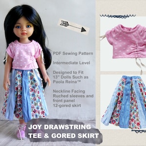Puede incluir: Patrón de costura PDF para una muñeca de 33 cm, que incluye una camiseta rosa con mangas fruncidas y una falda azul y floral de 12 gajos. El patrón está diseñado para adaptarse a muñecas como Paola Reina. El texto "DOLL JOY" está impreso verticalmente en el lado izquierdo de la imagen. El texto "JOY DRAWSTRING TEE & GORED SKIRT" está impreso en la parte inferior de la imagen.