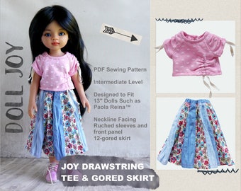 Joy Drawstring Tee & Gored Skirt 13inch Doll Clothes Pattern Fits Paola Reina™ Dolls - Doll Joy - PDF - Pixie Faire