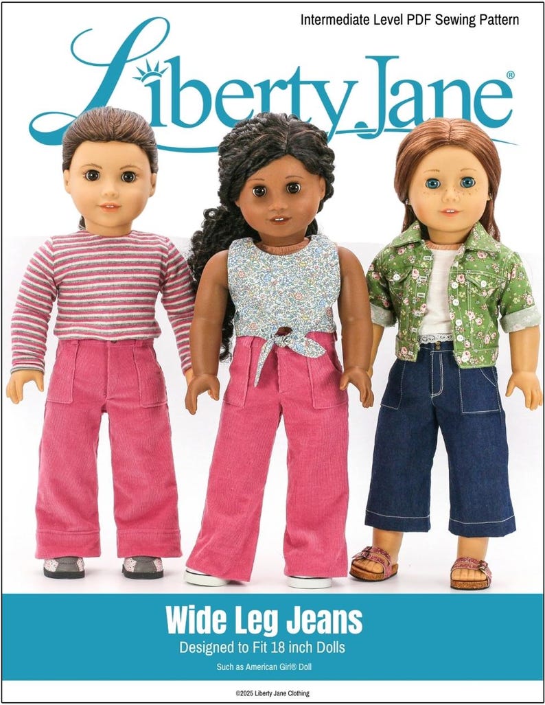 May include: A sewing pattern for wide leg jeans designed to fit 18 inch dolls, such as American Girl dolls. The pattern is for an intermediate sewing level. The image shows three dolls wearing different versions of the jeans.
