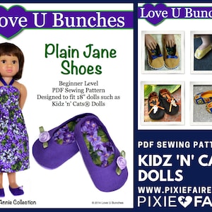 Peut inclure: Un patron de couture PDF pour faire des chaussures pour poupées de 45 cm. Le patron s'appelle "Plain Jane Shoes" et est conçu pour les poupées Kidz 'n' Cats. Le patron est disponible sur le site www.pixiefaire.com.