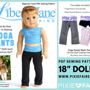 Könnte beinhalten: PDF-Schnittmuster zum Nähen von Yogahosen und Basic-Hosen für 45 cm Puppen. Das Schnittmuster beinhaltet zwei Stile: Yogahosen aus Strick-Spandex und Basic-Hosen und Shorts aus gewebter Baumwolle. Das Schnittmuster ist von Liberty Jane Clothing und ist auf der Website www.pixiefaire.com erhältlich.