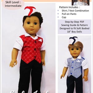 Puede incluir: Un patrón de costura para un disfraz de camarero de soda para muñecas de niño de 46 cm. El patrón incluye una camisa, un chaleco, pantalones y una gorra. El patrón está diseñado para ser de nivel de costura intermedio. La imagen muestra dos muñecas con el disfraz terminado.