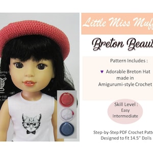 Può includere: Uno schema a uncinetto per un cappello bretone rosso, progettato per bambole di 14,5 pollici. Lo schema include istruzioni per realizzare il cappello in uncinetto in stile amigurumi. Lo schema è etichettato "Little Miss Muffett Breton Beauty".