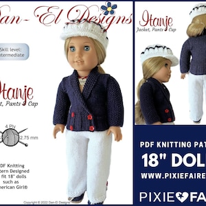 Puede incluir: Patrón de tejido de punto PDF para muñecas de 45 cm, que incluye una chaqueta azul marino, pantalones blancos y una gorra blanca. El patrón se llama "Itanje" y está diseñado para adaptarse a muñecas como American Girl®. El patrón está disponible en el sitio web www.pixiefaire.com.