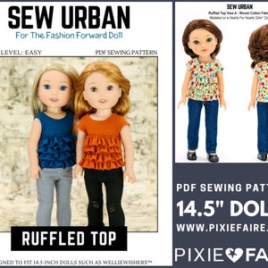 May include: PDF sewing pattern for a ruffled top for 14.5 inch dolls. The pattern is modelled on two dolls wearing the top in different colours. The text "Sew Urban" and "Ruffled Top" is visible in the image.