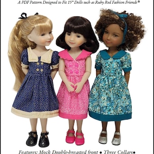 May include: A PDF sewing pattern for a doll dress, featuring three dolls wearing different versions of the dress. The dress has a mock double-breasted front, three collar options, two hem lengths, and banded puffed sleeves or sleeveless options. The pattern is designed to fit 15-inch dolls.