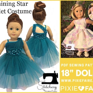 May include: PDF sewing pattern for an 18-inch doll ballet costume. The costume is teal blue with a sparkly bodice and a tulle skirt. The pattern is available on the website pixiefaire.com.