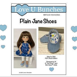 May include: A PDF pattern for making doll shoes. The pattern is designed to fit 8 inch Ten Ping and Mini Sara dolls. The image shows a pair of blue denim doll shoes with a floral print lining. The image also shows a doll wearing a blue floral dress and sitting on a white bench.